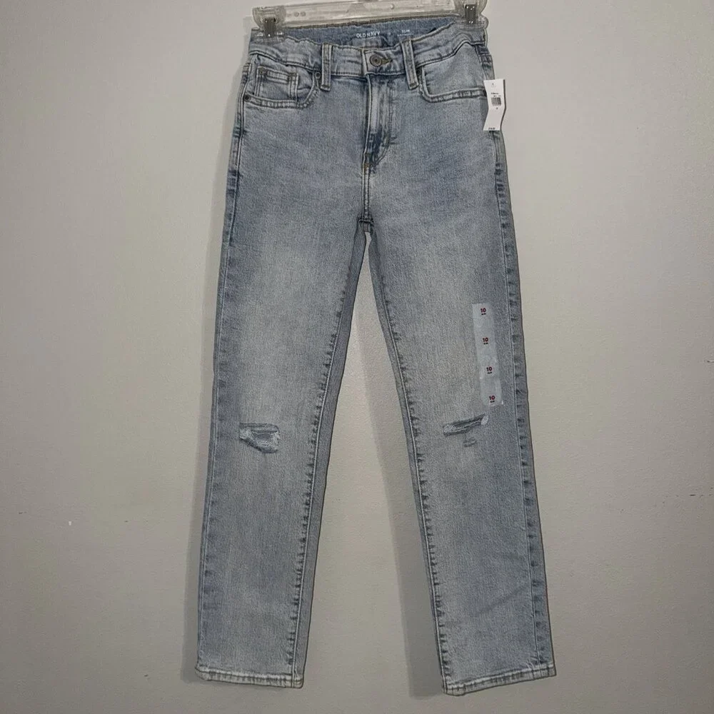 Old Navy Girls Jeans Slim Light Wash Size 10 NEW Adjustable Waist Distressed